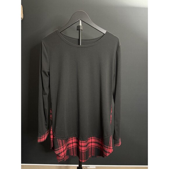 Black Long Sleeve Tunic Top Red Buffalo Plaid Cuff Hemline Round Neckline Large - Picture 2 of 10